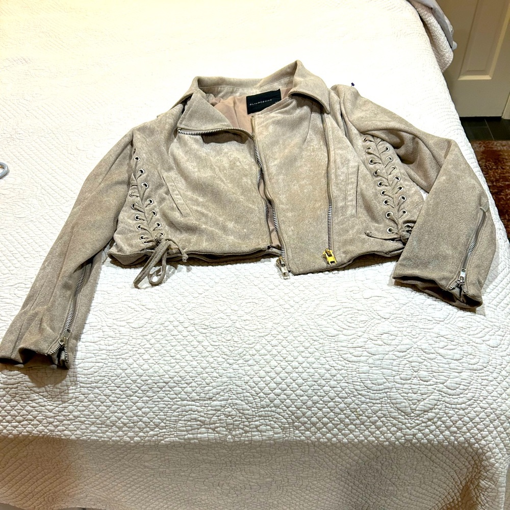 Suede jacket by Olivaceous. L. Tag stitching coming undone - jacket looks great.